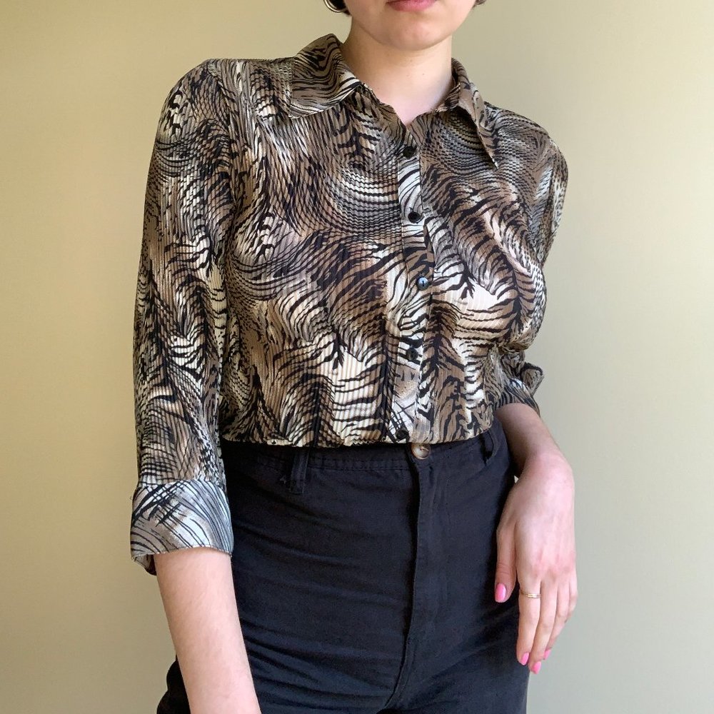Vintage Pleated Leopard Print Blouse